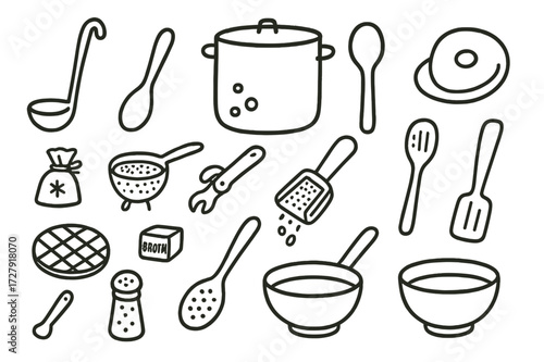 Soup Utensils Doodle. Hand-drawn doodle illustration [utensils for soups and stews] [soup ladle, stock pot, wooden spoon, spice sachet, soup