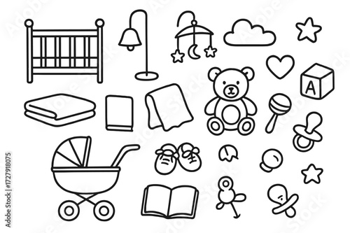 Nursery Essentials Doodle. Hand-drawn doodle illustration Nursery room crib, stroller, lamp, mobile, teddy bear, blanket, pillow, toy block, rattle, pacifier,