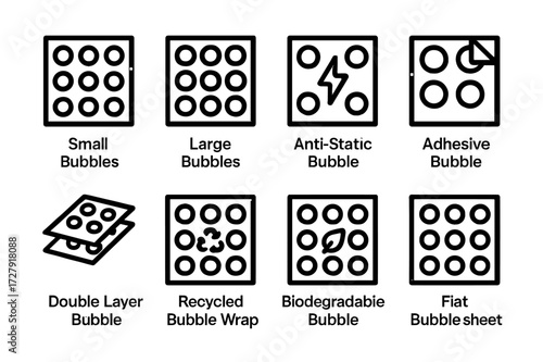 Bubble Wrap Icons. Solid, filled icon set of bubble wrap types: small bubbles, large bubbles, anti-static bubble, adhesive bubble, double layer bubble,