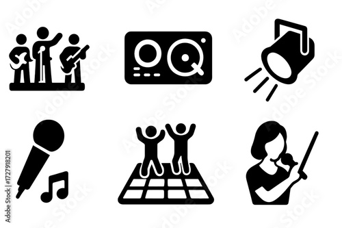 Gala Entertainment Icons. Solid, filled icon set of gala entertainment: live band, DJ turntable, microphone, dance floor, spotlight, music notes, singer,