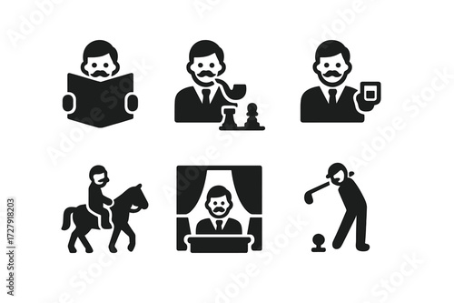 Gentleman Leisure Icons. Solid, filled icon set of glance technology: glance screen, smartwatch glance, glance notification, glance preview, glance dashboard,
