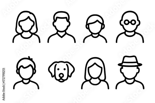 Family Icon Set. Outline icon set of family members: mother, father, child, grandparent, sibling, pet, aunt, uncle. Line icons in only black color, consistent