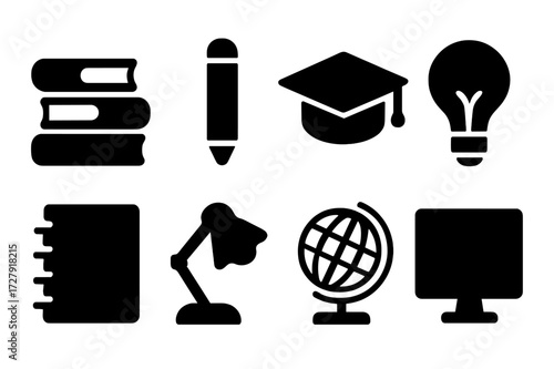 Study Icon Set. Solid, filled icon set of study and learning: book stack, pencil, graduation cap, light bulb, notebook, desk lamp, globe, computer monitor.