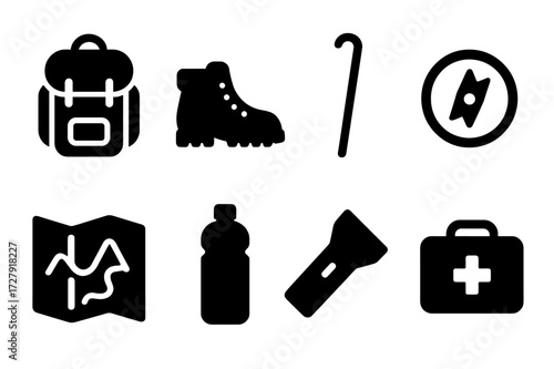 Trail Gear Icons. Solid, filled icon set of trail equipment: backpack, hiking boots, walking stick, compass, map, water bottle, flashlight, first aid kit.