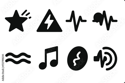 Rhythm Emotion Icons. Solid, filled icon set of rhythm emotions and effects: excitement, energy, heartbeat, pulse, flow, groove, dance, vibration. Solid,