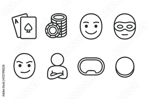Poker Bluff Icons. Outline icon set of poker bluff: poker cards, chips stack, sneaky smile, eye mask, raised eyebrow, folded arms, poker table, dealer button.