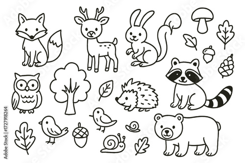 Woodland Creature Doodles. Hand-drawn doodle illustration Woodland creatures fox, deer, rabbit, squirrel, owl, hedgehog, raccoon, bear, tree, mushroom, acorn,