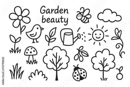 Garden Doodle Icons. Hand-drawn doodle illustration Garden beauty flower, butterfly, bee, bird, leaf, watering can, sun, cloud, mushroom, grass, tree, ladybug,