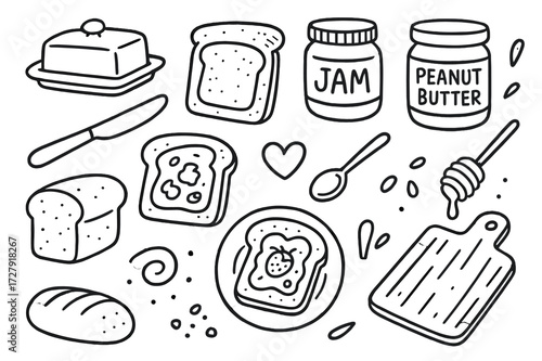 Toasty Breakfast Spread. Hand-drawn doodle illustration Toast and Spreads butter dish, jam jar, peanut butter, honey dipper, knife, toast slice, plate, fruit