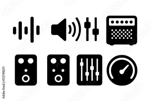 Black Drum Kit Icons. Solid, filled icon set of drum kit sound and effects: sound wave, volume control, equalizer, reverb, delay, compressor, audio mixer, bass