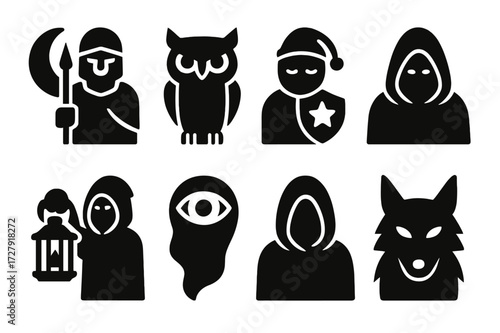 Night Guardians Icons. Solid, filled icon set of night guardians: moon watchman, night owl, dream protector, shadow sentinel, lantern bearer, ghostly eye,