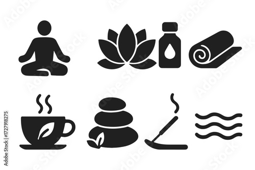 Wellness Icons Grid. Solid, filled icon set of wellness: meditation pose, lotus flower, essential oil bottle, yoga mat, herbal tea cup, massage stones, incense