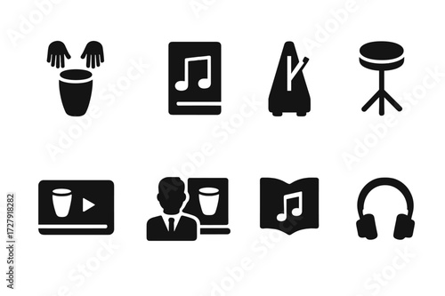 Conga Education Icons. Solid, filled icon set of conga education: drum lesson, sheet music, metronome, practice pad, video tutorial, instructor, music book,