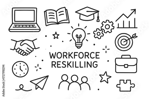 Workforce Reskilling Icons. Hand-drawn doodle illustration Workforce reskilling laptop, book, light bulb, gears, briefcase, graduation cap, chart arrow,