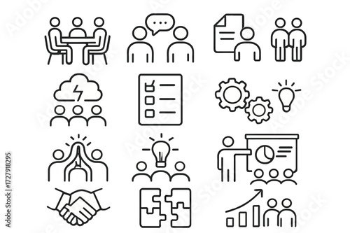 Team Collaboration Icons. Team collaboration. Line icon set of team collaboration: people around table, conversation bubbles, shared documents, brainstorming
