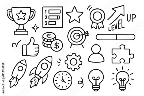 Workplace Gamification Icons. Hand-drawn doodle illustration workplace gamification trophy, leaderboard, star, badge, level-up arrow, progress bar, target,