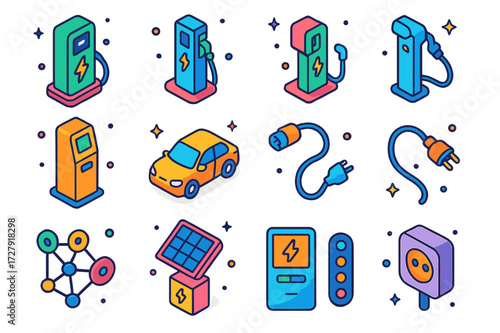 Colorful Charging Icons. Public charging. Colorful isometric vector icons set of Public charging: EV charging station, street-side charger, parking lot