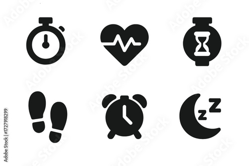 Sports Watch Icons. Solid, filled icon set of sports watch features: stopwatch, heart rate monitor, GPS, timer, step counter, alarm, battery indicator, sleep