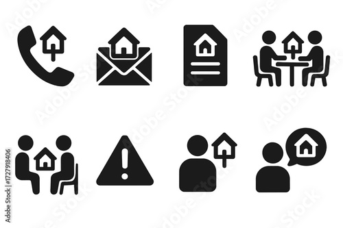 Foreclosure Icon Set. Solid, filled icon set of foreclosure communication: phone, email, letter, meeting, negotiation, warning, alert, consultation. [Solid,