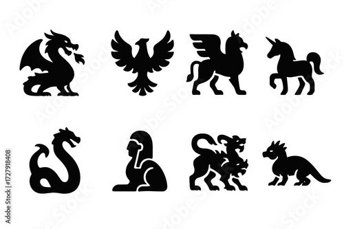 Mythical Creatures Icons. Solid, filled icon set of mythological creatures: dragon, phoenix, griffin, unicorn, sea serpent, sphinx, chimera, basilisk. Solid,