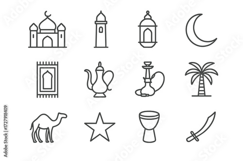 Middle Eastern Icons. Middle Eastern culture. Line icon set of Middle Eastern culture: mosque, minaret, lantern, crescent moon, carpet, tea pot, hookah, palm
