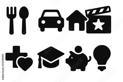 Budget Icon Set. Solid, filled icon set of budget categories: food, transportation, housing, entertainment, healthcare, education, savings, utilities. [Solid,