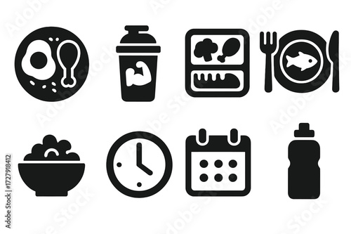 Protein Timing Icons. Solid, filled icon set of protein intake timing: breakfast plate, post-workout shake, lunch box, dinner plate, snack bowl, clock,