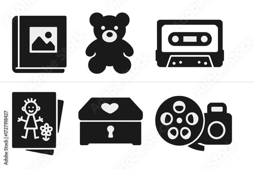 Nostalgic Memory Icons. Solid, filled icon set of nostalgic memory objects: photo album, vintage toy, cassette tape, old letter, childhood drawing, keepsake