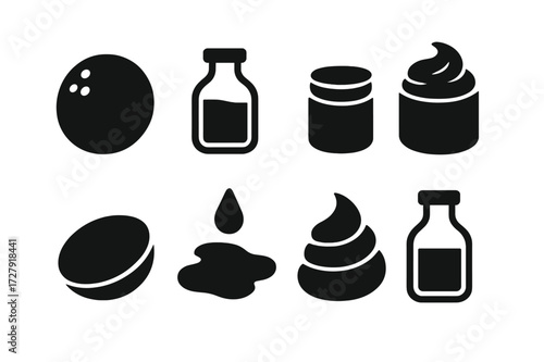 Coconut Oil Icons. Solid, filled icon set of coconut oil textures: solid, liquid, creamy, smooth, oily, whipped, thick, transparent. Solid, filled icons in