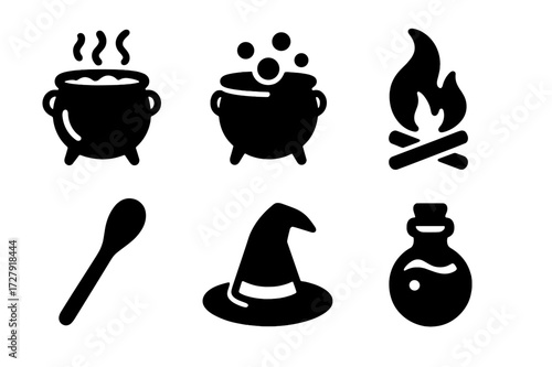 Witchy Icon Set. Solid, filled icon set of cauldron: boiling pot, bubbling liquid, firewood, smoke plume, wooden spoon, witch hat, magic potion bottle, steam