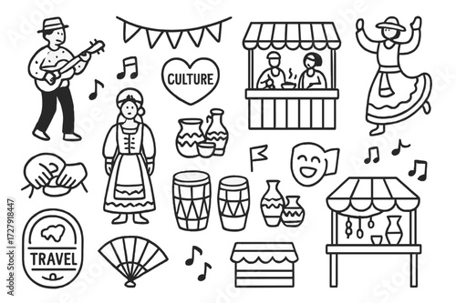 Cultural Tourism Icons. Hand-drawn doodle illustration cultural tourism experience street performer, food stall, folk costume, artisan hands, drums,