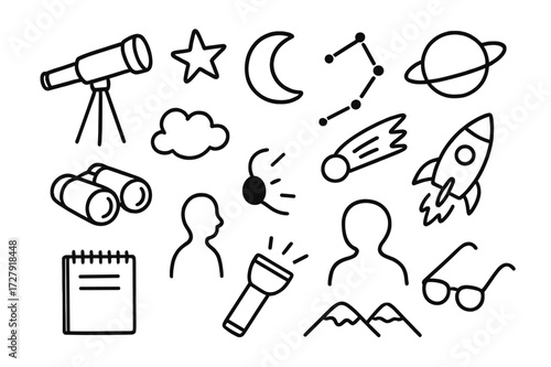 Stargazing Essentials Icons. Hand-drawn doodle illustration stargazing telescope, tripod, star, moon, constellation, comet, binoculars, cloud, mountain,