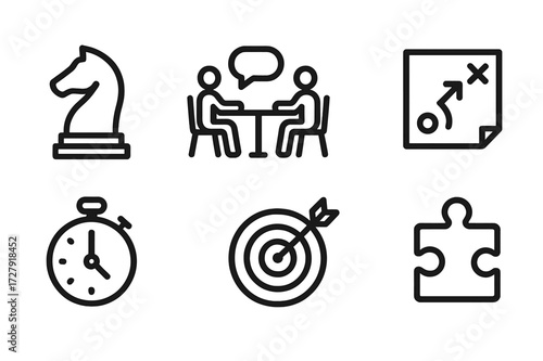 Negotiation Tactics Icons. Solid, filled icon set of negotiation tactics: chess knight, negotiation table, lightbulb idea, strategy map, stopwatch, podium,