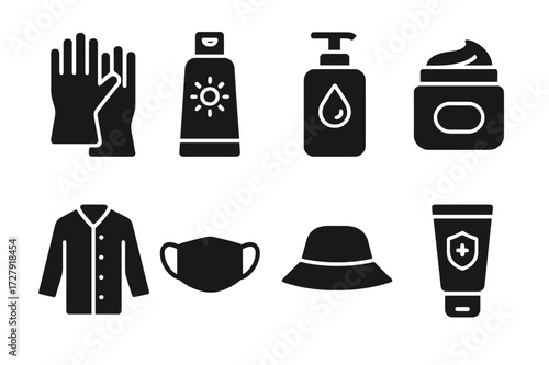 Irritation Prevention Icons. Solid, filled icon set of irritation prevention: gloves, sunscreen, gentle cleanser, moisturizer, protective clothing, mask, hat,
