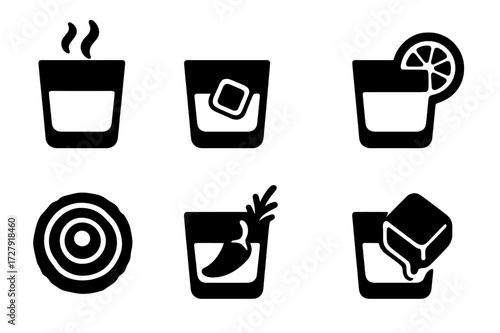Cocktail Flavor Icons. Solid, filled icon set of old fashioned cocktail flavors: smoky, sweet, bitter, citrus, woody, spicy, herbal, caramel. Solid, filled