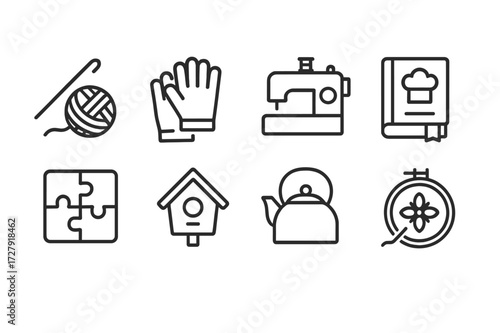 Grandmother's Hobby Icons. Outline icon set of grandmother?s hobbies: crochet hook, gardening gloves, sewing machine, cookbook, puzzle, birdhouse, tea kettle,