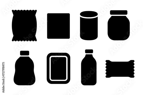Snack Packaging Icons. Solid, filled icon set of snack packaging types: plastic bag, box, can, jar, pouch, tray, bottle, wrapper. [Line icons in only black