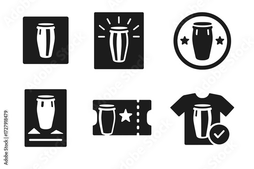 Conga Icon Set. Solid, filled icon set of conga commercial and branding: logo design, promotional flyer, brand badge, marketing poster, instrument shop,