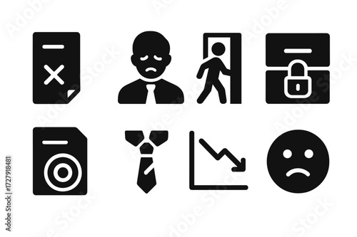 Job Termination Icons. Solid, filled icon set of job termination: pink slip, disappointed employee, office exit, locked drawer, canceled contract, broken tie,