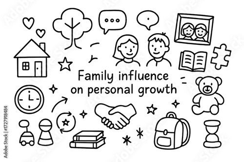 Family Growth Symbols. Hand-drawn doodle illustration Family influence on personal growth, family tree, parents, children, home, hearts, photo frame, books,