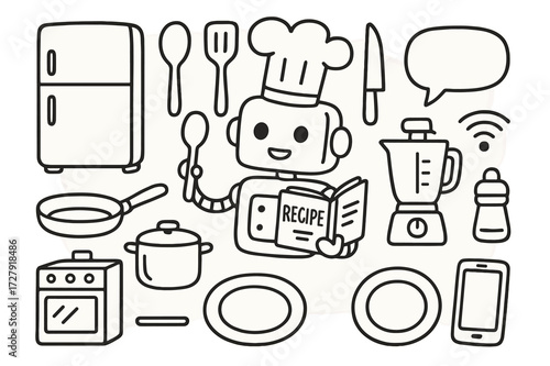 Smart Cooking Robot Doodle. Hand-drawn doodle illustration Smart cooking assistant robot chef, hat, recipe book, spoon, spatula, knife, pot, pan, blender,