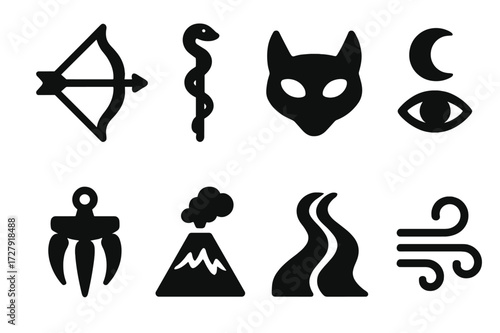 Ancient Goddesses Icon Set. Solid, filled icon set of ancient wild goddesses: huntress bow, serpent staff, wild mask, crescent eye, claw pendant, volcanic