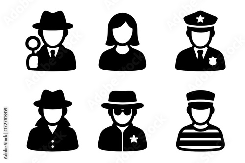 Mystery Icon Set. Solid, filled icon set of clue characters: detective, witness, suspect, police officer, informant, spy, security guard, criminal. [Line icons