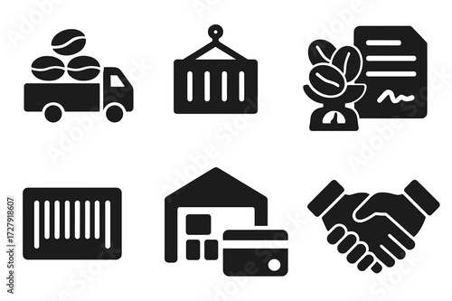 Beans Trade Icons. Solid, filled icon set of bulk beans trade: delivery truck, shipping container, weighing scale, invoice, barcode, warehouse, credit card,