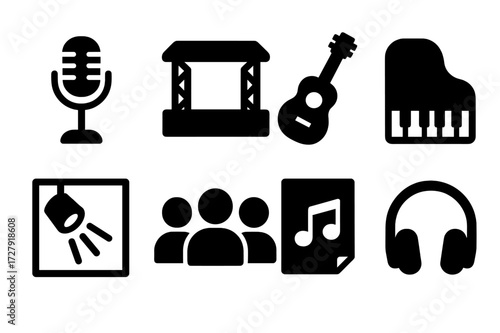 Musical Performance Icons. Solid, filled icon set of musical performance: microphone, stage, guitar, piano, spotlight, audience, sheet music, headphones. [Line