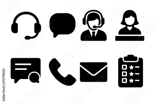 Customer Support Icons. Solid, filled icon set of late payment customer support: headset, speech bubble, customer agent, help desk, chat window,