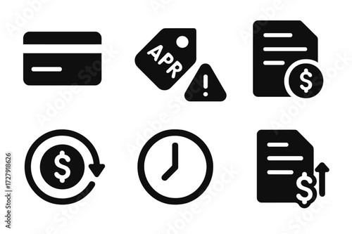 Credit Card Icon Set. Solid, filled icon set of credit card interest: credit card, APR tag, interest warning, monthly bill, finance charge, overdue clock,
