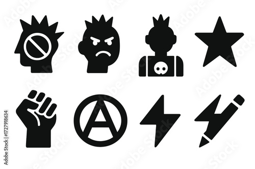 Punk Attitude Icons. Solid, filled icon set of punk attitudes and emotions: rebellion, anger, energy, freedom, nonconformity, anti-establishment, boldness,