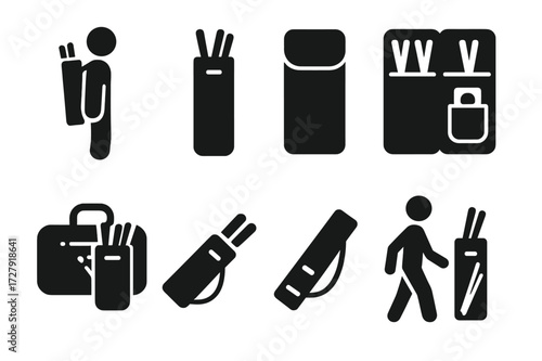 Stick Bag Icon Set. Solid, filled icon set of stick bag usage: carrying sticks, storing sticks, protecting sticks, organizing gear, transporting accessories,