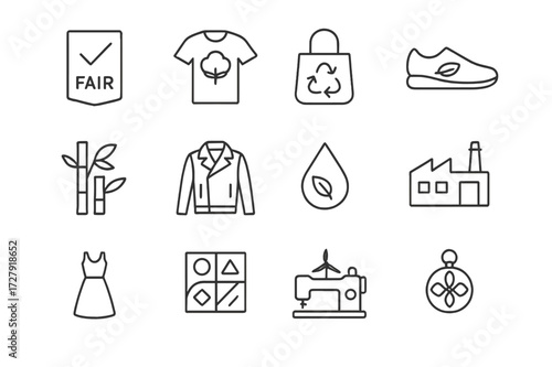 Ethical Fashion Icons. Ethical fashion brands and production. Line icon set of ethical fashion brands and production: fair trade label, organic cotton shirt,